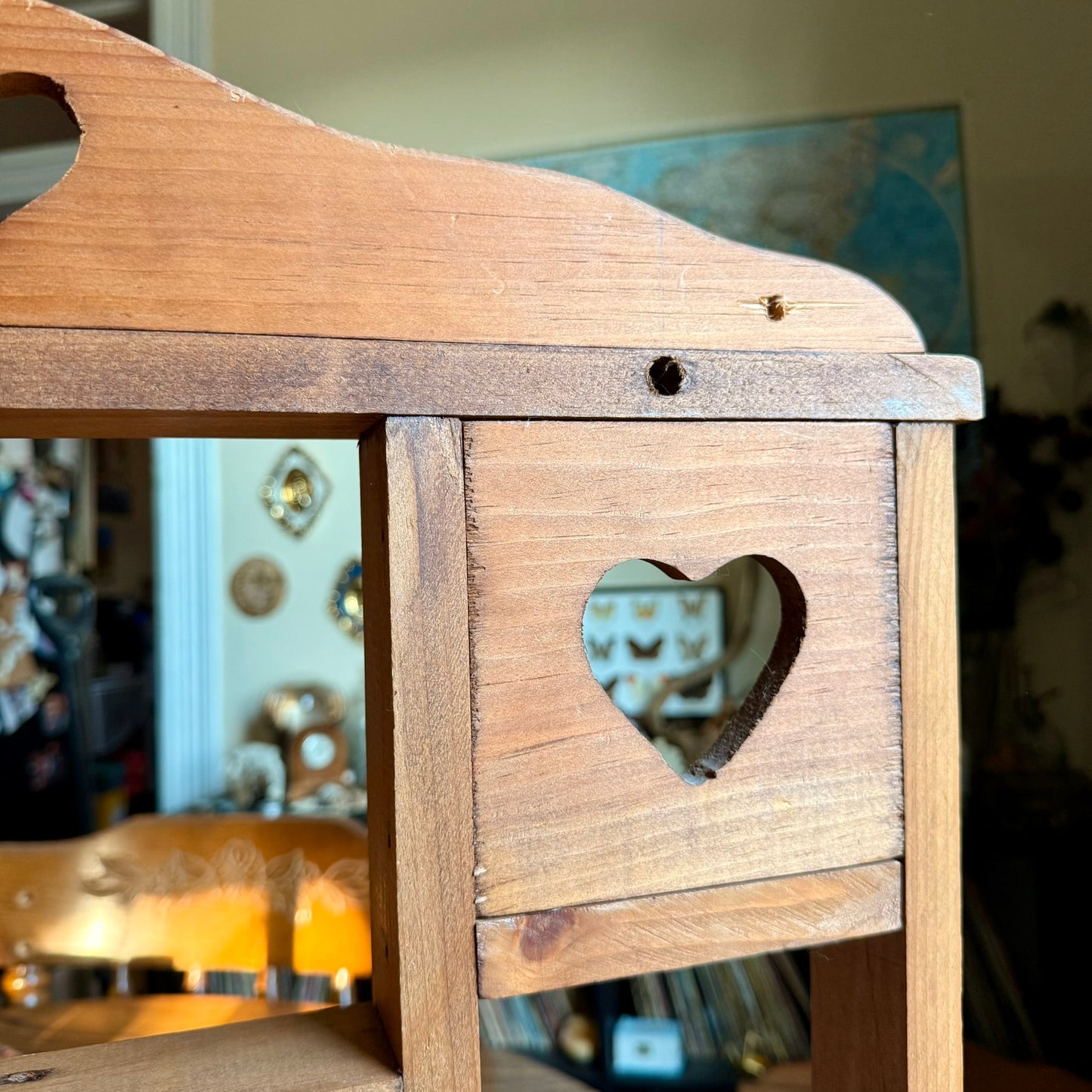 Handmade Wooden Vintage Primitive Heart Cubby Curio / Trinket Shelf