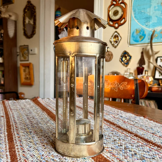 Vintage Metal Brass and Glass Candle Holder / Lantern
