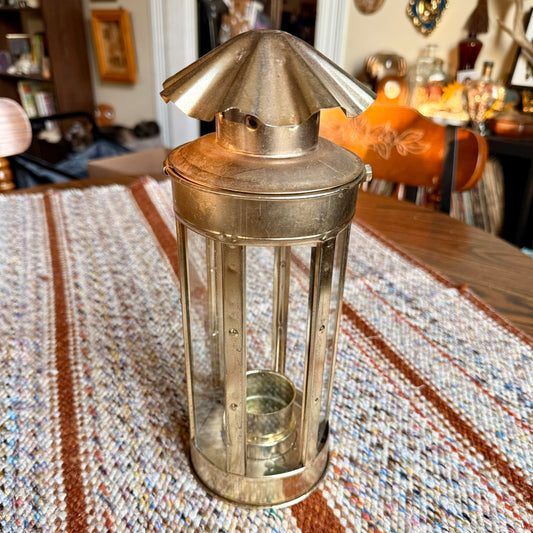 Vintage Metal Brass and Glass Candle Holder / Lantern