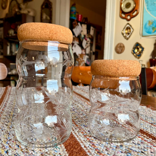 Set of Two Etched Floral Vintage Glass Bubble Jars / Canisters with Cork Lids