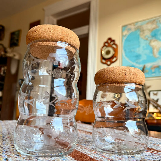 Set of Two Etched Floral Vintage Glass Bubble Jars / Canisters with Cork Lids