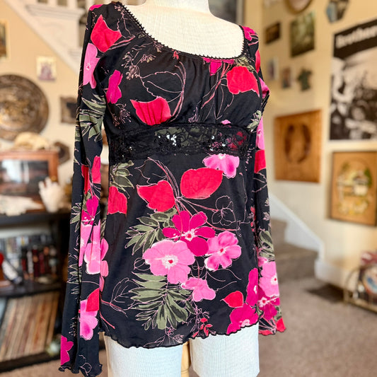 Vintage 90s / 2000s y2k Whimsygoth Long Sleeved Floral Self Esteem Baby Doll Top