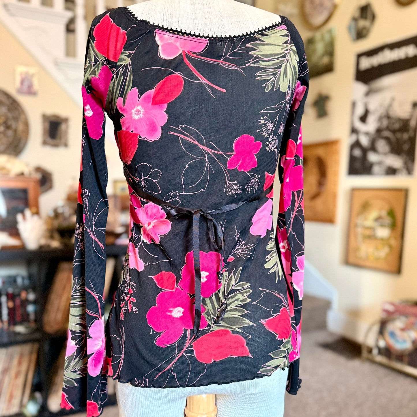 Vintage 90s / 2000s y2k Whimsygoth Long Sleeved Floral Self Esteem Baby Doll Top