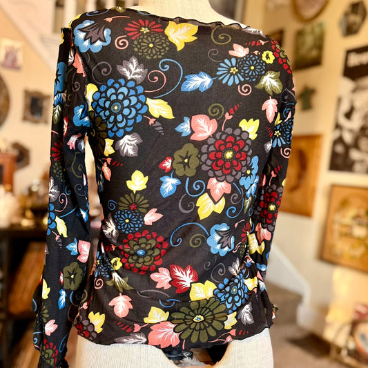 Vintage 90s / 2000s y2k Fresh Wear Floral Sheer Bell Sleeve Baby Doll Top