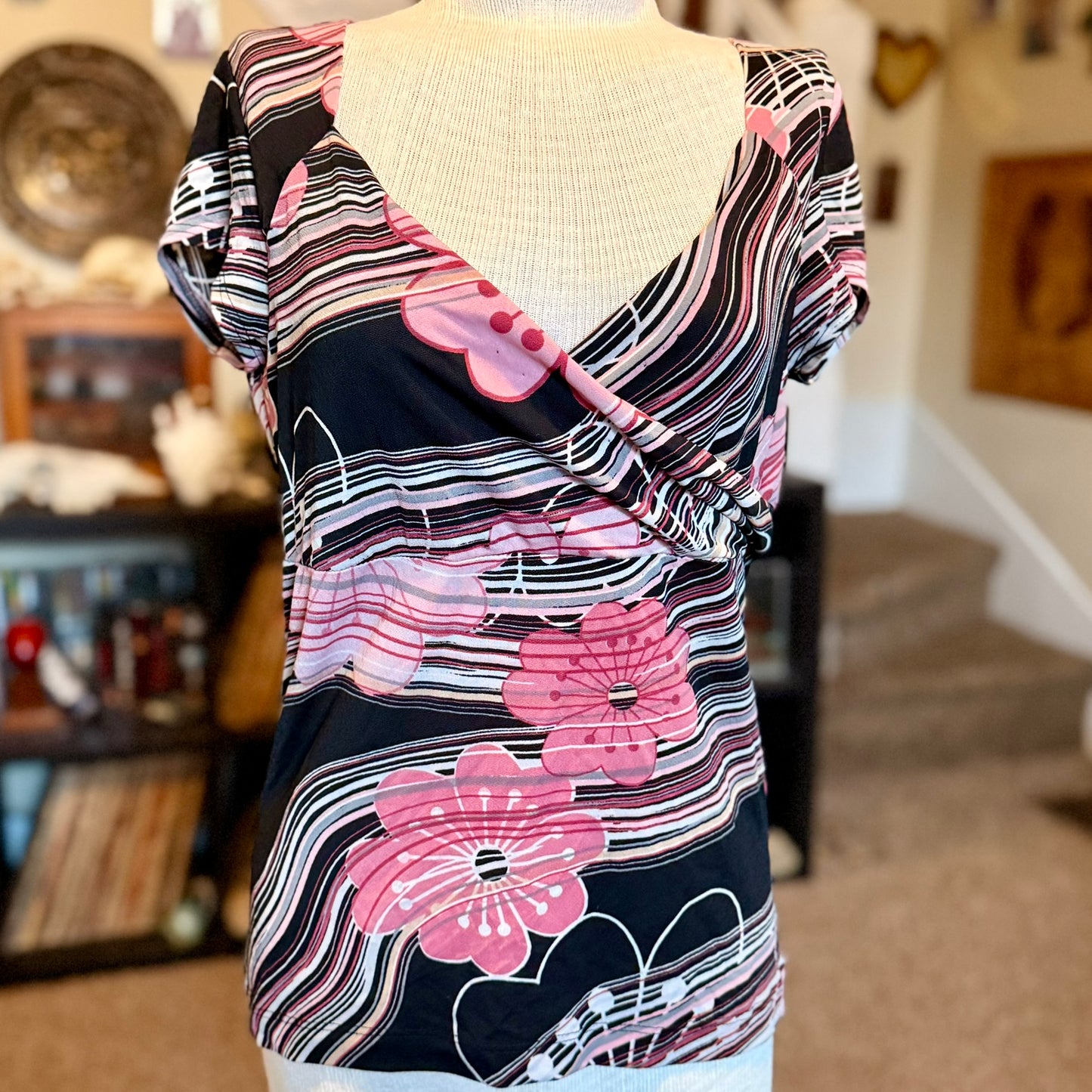 Vintage 90s / 2000s y2k Moa Moa Floral Striped Baby Doll Top