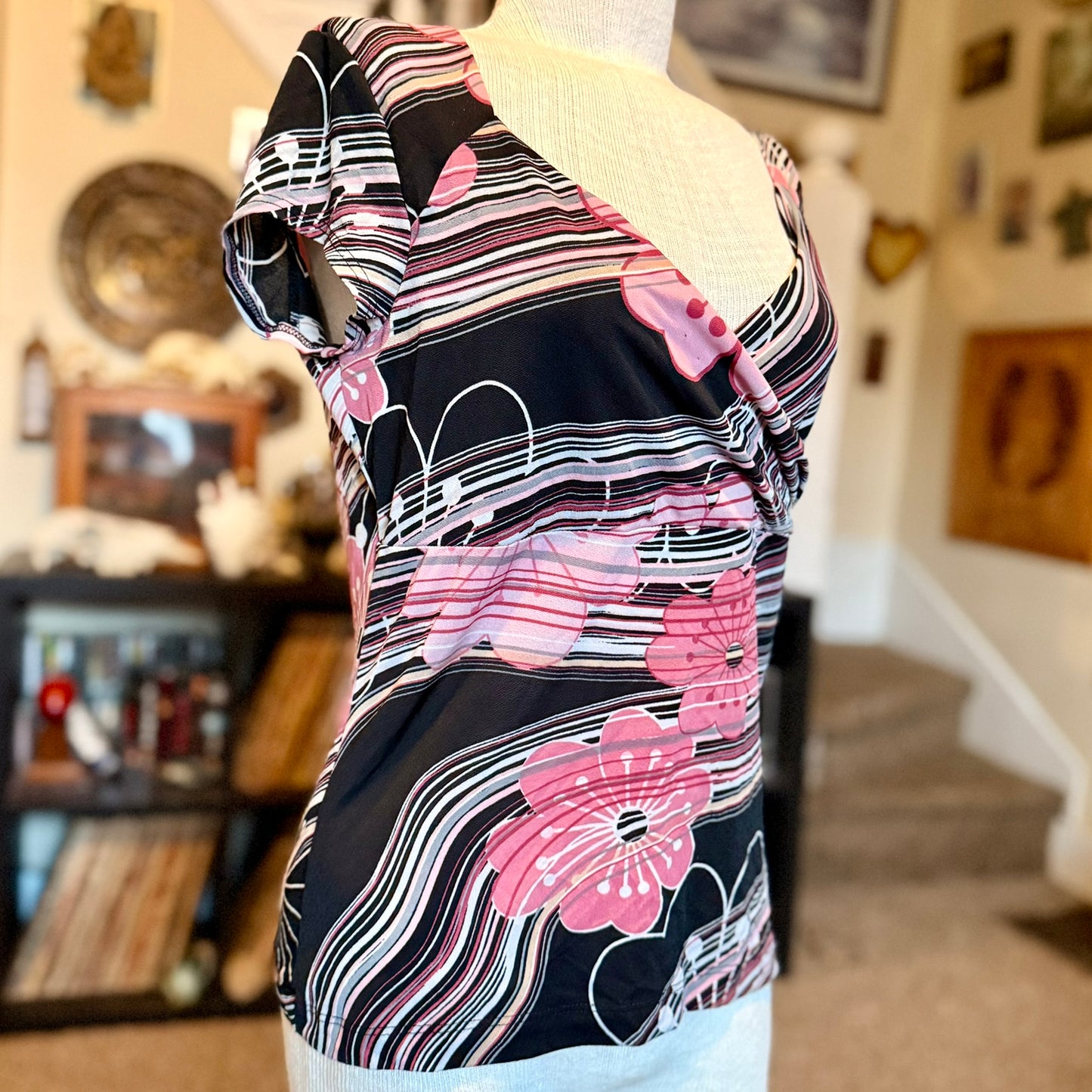 Vintage 90s / 2000s y2k Moa Moa Floral Striped Baby Doll Top