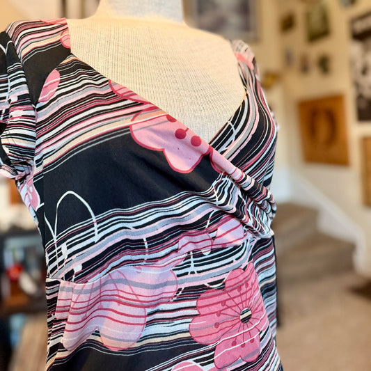 Vintage 90s / 2000s y2k Moa Moa Floral Striped Baby Doll Top