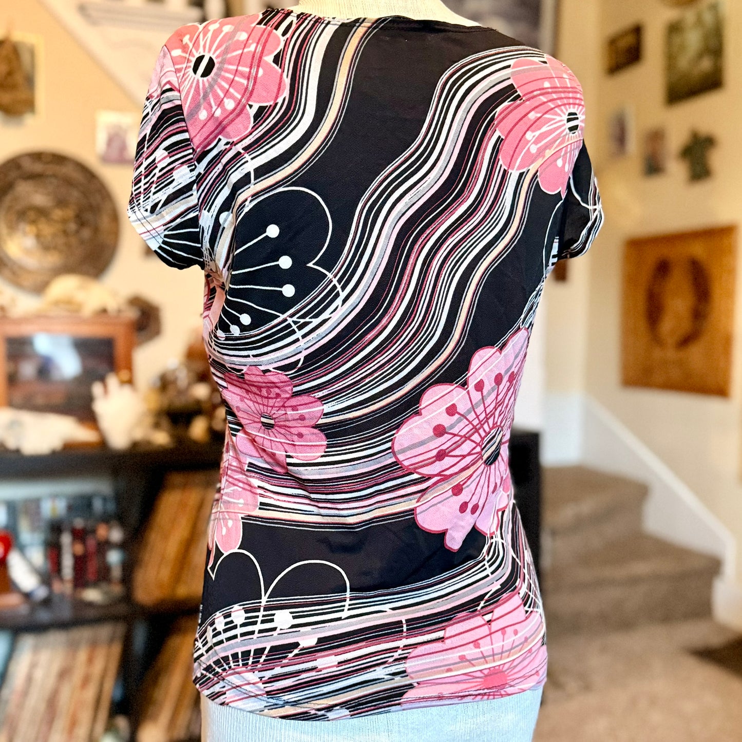 Vintage 90s / 2000s y2k Moa Moa Floral Striped Baby Doll Top