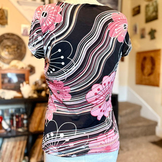 Vintage 90s / 2000s y2k Moa Moa Floral Striped Baby Doll Top