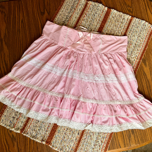 Vintage Pink Pinstriped Lace Ruffled Baby Doll Kawaii Skirt w/ Adjustable Ribbon Waist