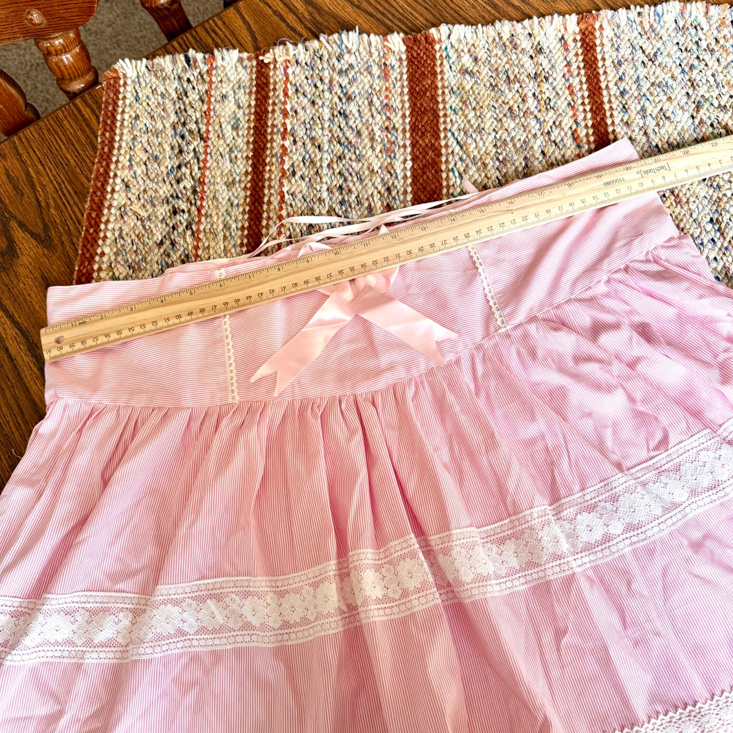 Vintage Pink Pinstriped Lace Ruffled Baby Doll Kawaii Skirt w/ Adjustable Ribbon Waist