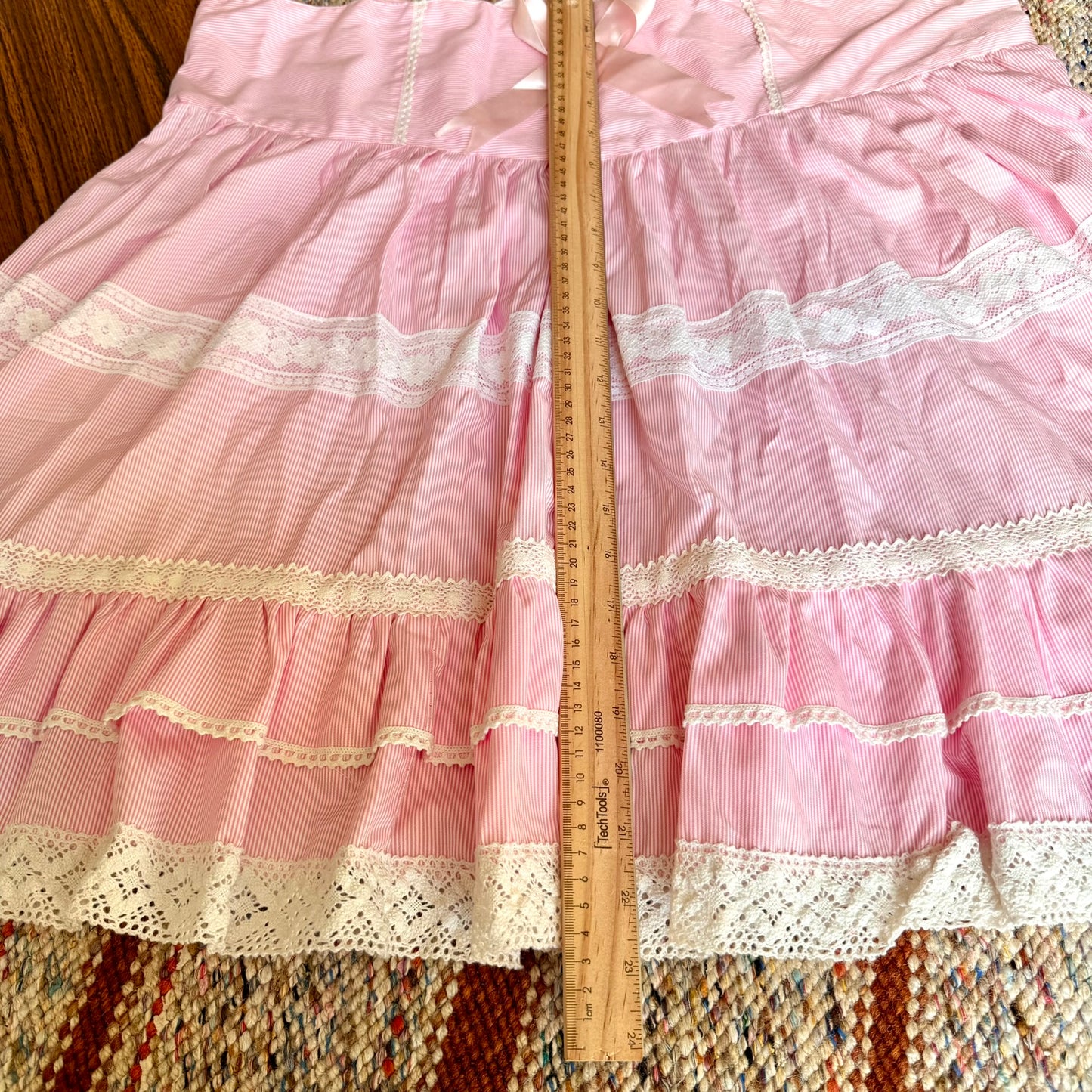 Vintage Pink Pinstriped Lace Ruffled Baby Doll Kawaii Skirt w/ Adjustable Ribbon Waist