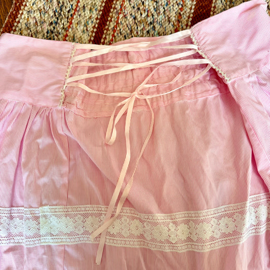 Vintage Pink Pinstriped Lace Ruffled Baby Doll Kawaii Skirt w/ Adjustable Ribbon Waist