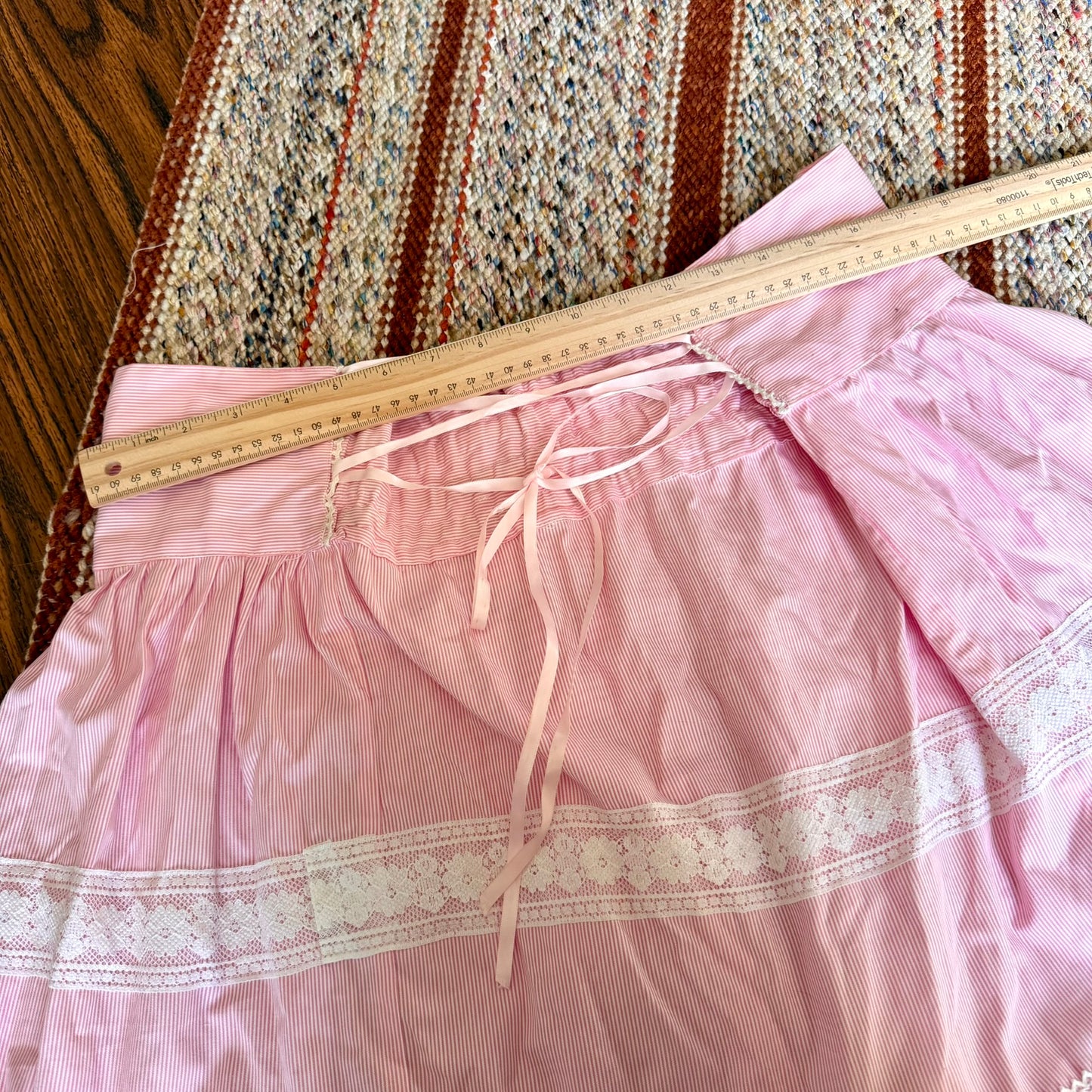 Vintage Pink Pinstriped Lace Ruffled Baby Doll Kawaii Skirt w/ Adjustable Ribbon Waist