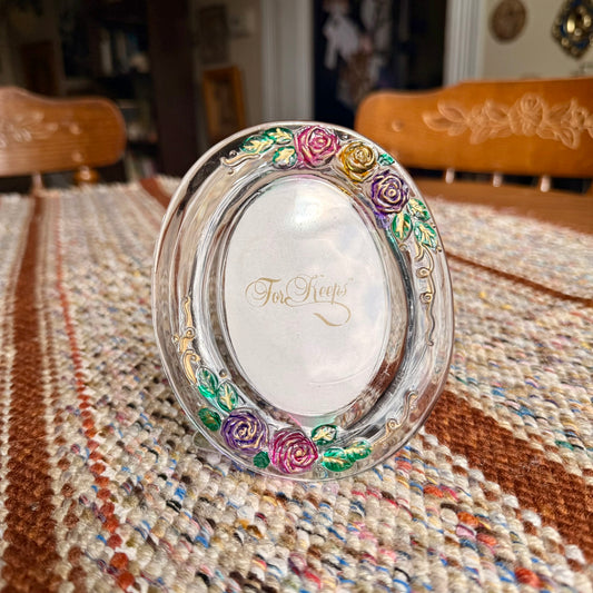 Vintage For Keeps Thick Crystal Glass Photo Frame with Colorful Rose Accents