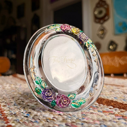 Vintage For Keeps Thick Crystal Glass Photo Frame with Colorful Rose Accents