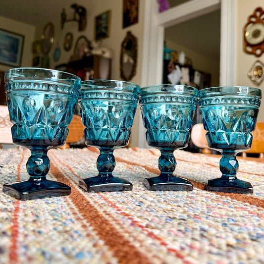 Set of 4 Vintage Mid-Century Modern Indiana Glass Park Lane Blue Glass Pedestal Wine Goblets