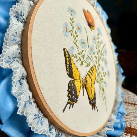 Vintage 1970s 3D Butterfly and Floral Themed Embroidery Hoop - Textile Art