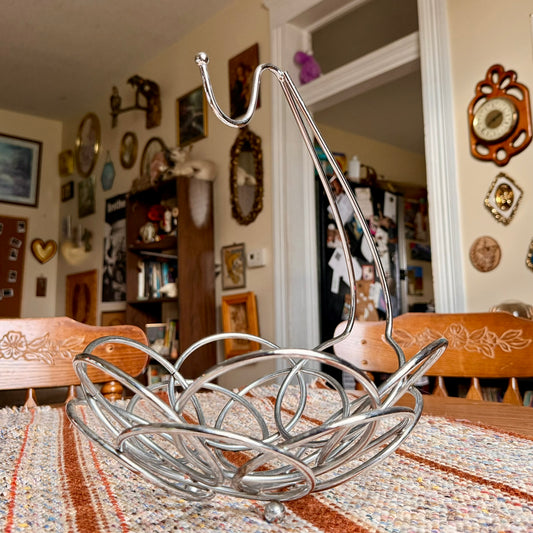 Vintage Silver Toned Metal Mid-Century Modern Fruit Basket with Banana Hanger