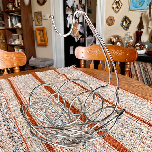 Vintage Silver Toned Metal Mid-Century Modern Fruit Basket with Banana Hanger