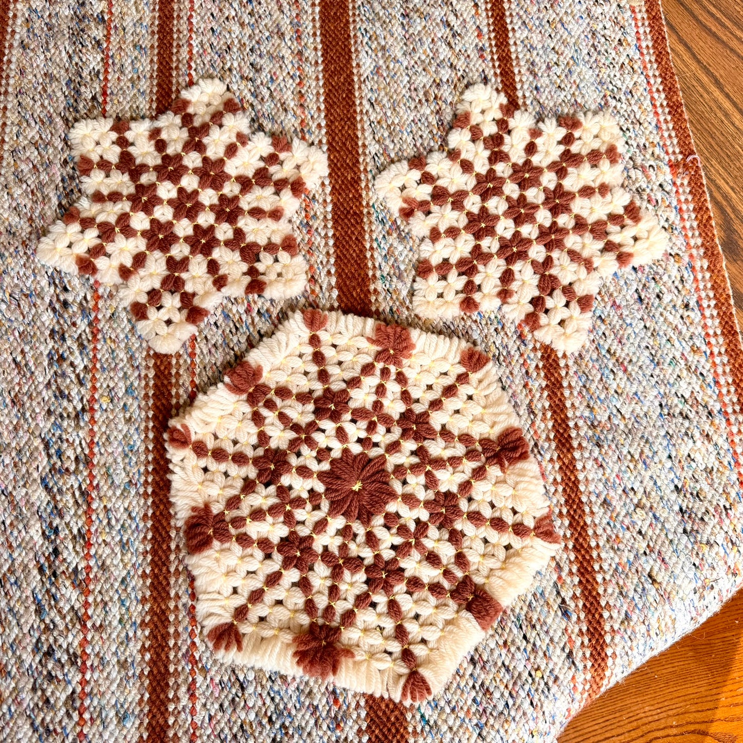 Set of 3 Vintage 70s Mid-Century Modern Handmade Woven Trivets / Pot Holders