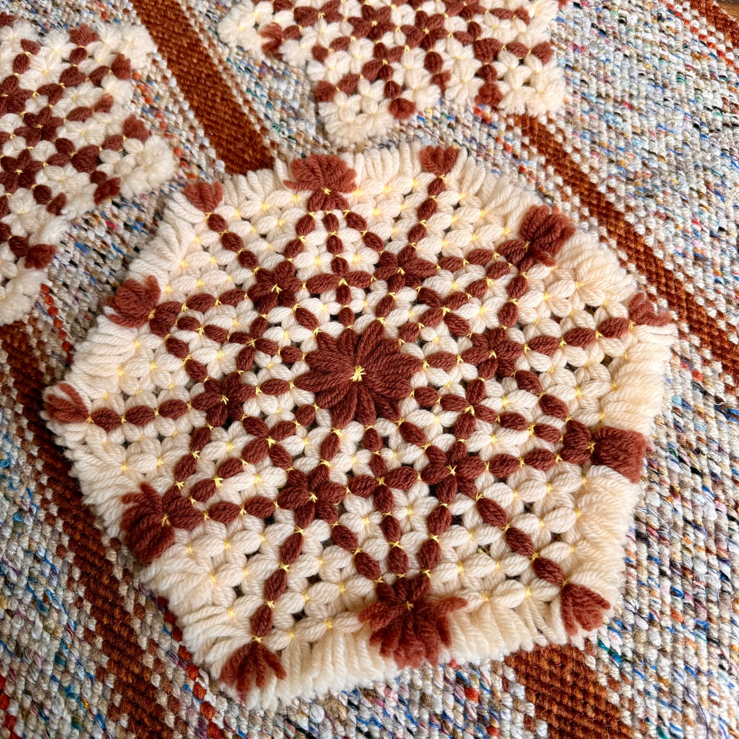 Set of 3 Vintage 70s Mid-Century Modern Handmade Woven Trivets / Pot Holders