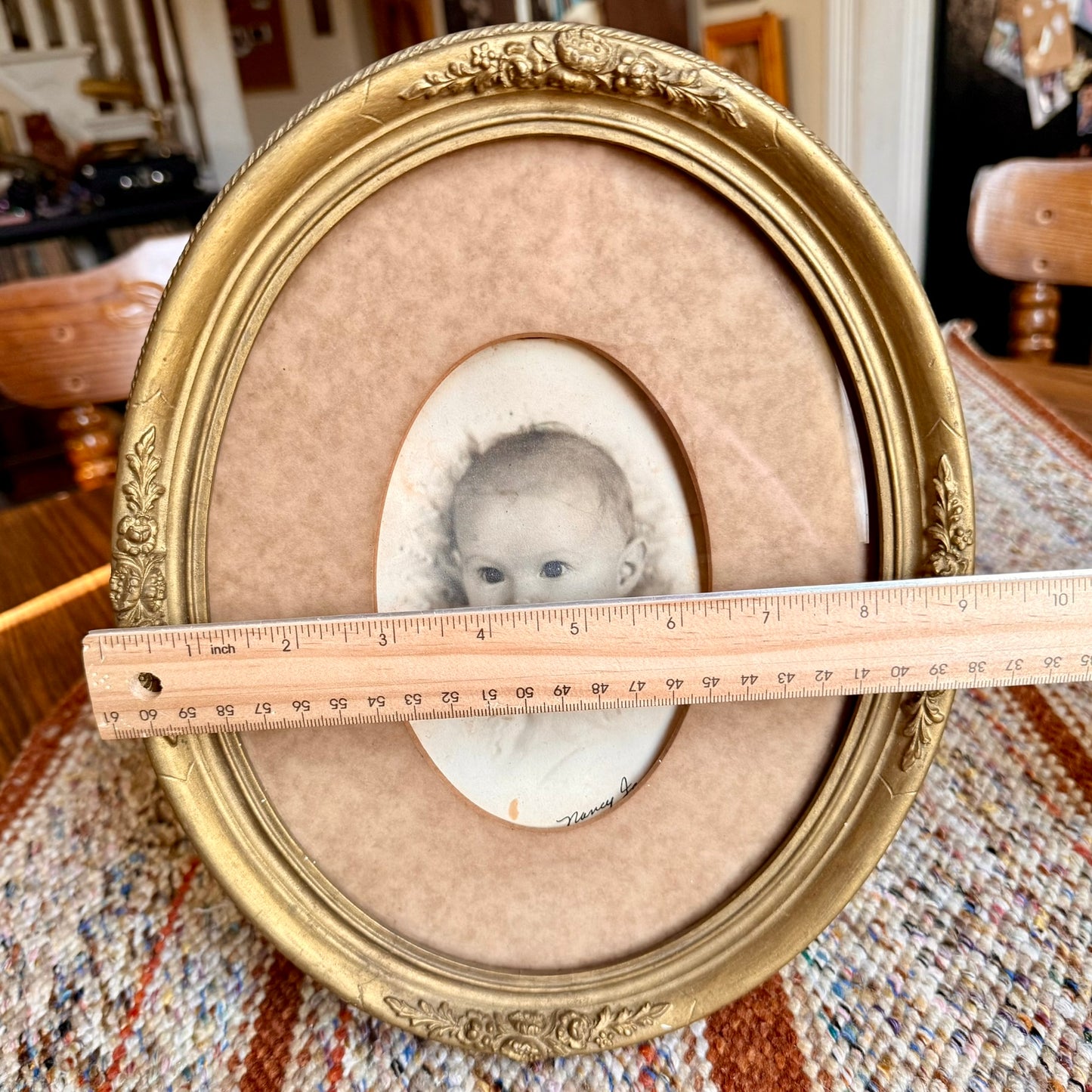 Antique Baby Photo in Antique Victorian Gold Gilt Ornate Oval Frame