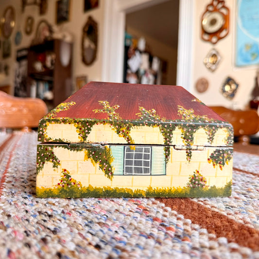 Vintage Hand Painted House Shaped Cottagecore Trinket Box