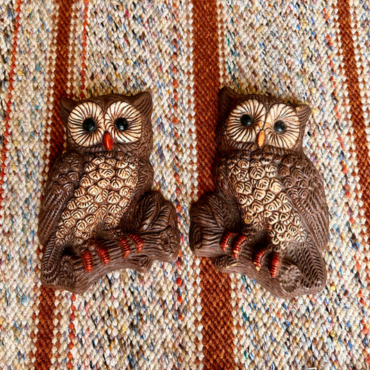 Set of 2 Vintage Mid-Century Modern 1970s Homco Home Interiors Owl Wall Hangings