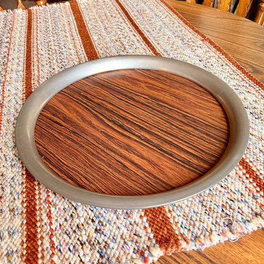 Vintage Towle Pewter and Laminate Wood Grain 14" Round Barware Serving Tray