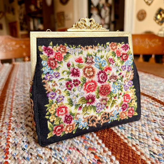 Vintage Petit Point Micro Needlepoint Floral Tapestry Clutch Evening Bag