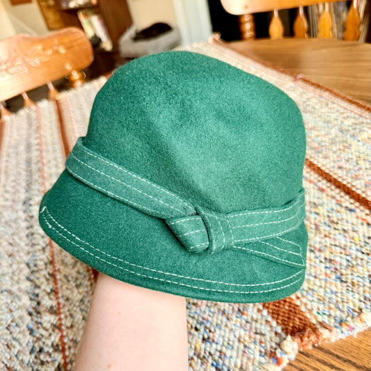 Vintage Wool Felt Cloche Derby Hat with Bow Embellishment