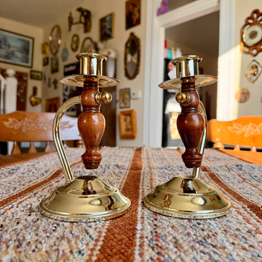 Set of Two Vintage Home Interiors Lady Gimble Wood and Brass Candlestick Holders