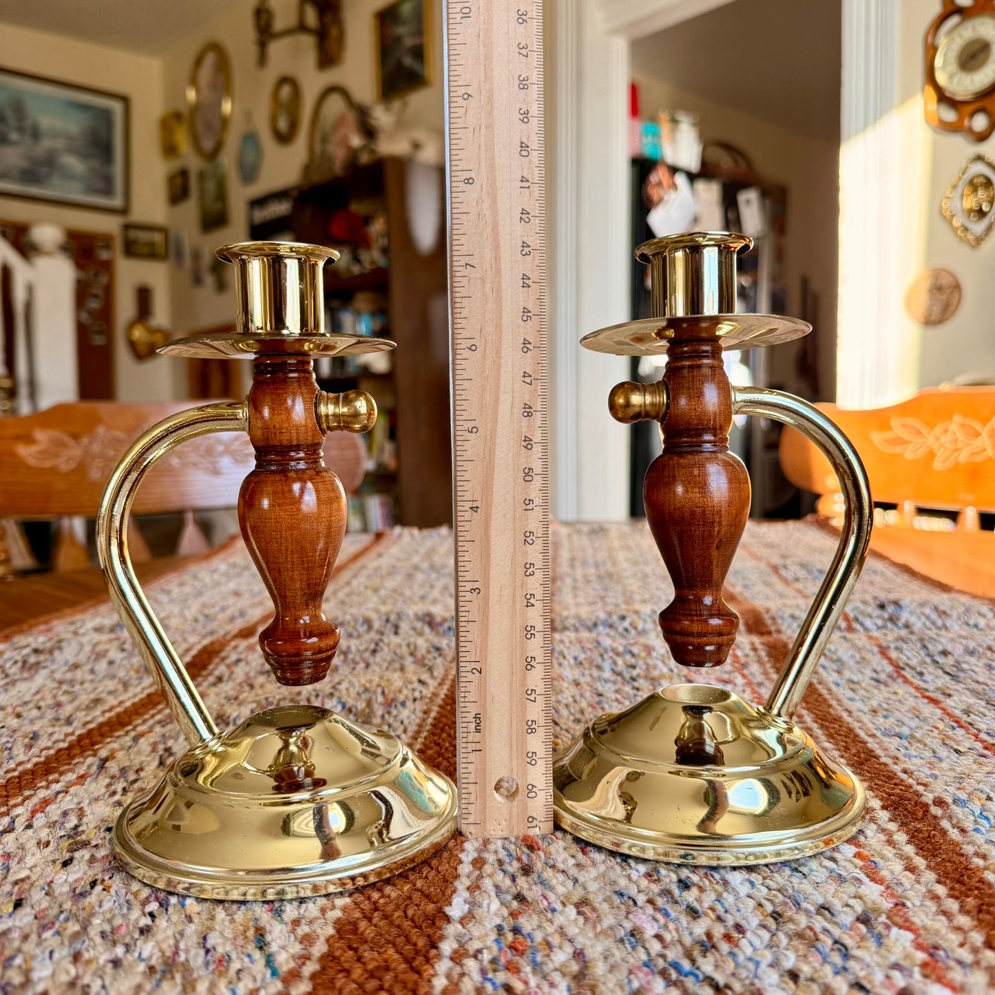 Set of Two Vintage Home Interiors Lady Gimble Wood and Brass Candlestick Holders