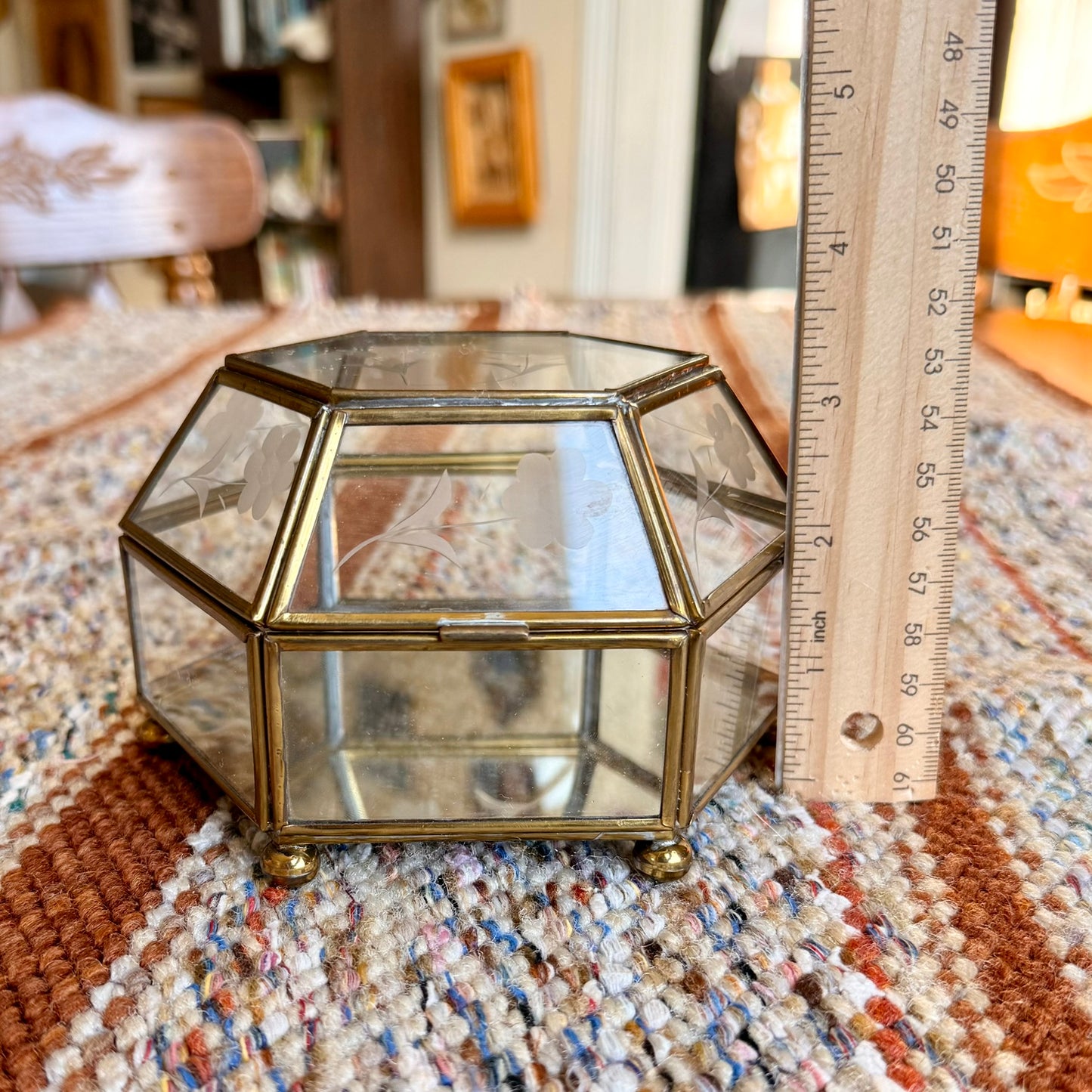 Vintage Floral Etched Glass Brass Mirrored Vanity Trinket / Jewelry Box