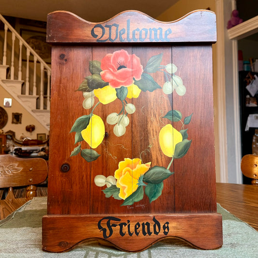 Vintage Hand Painted Folk Art Floral and Lemons Solid Wood Welcome Sign