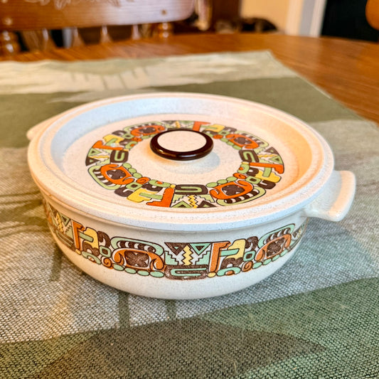 Vintage Flame Chef Stoneware Casserole Dish with Southwestern Tribal Embellishments