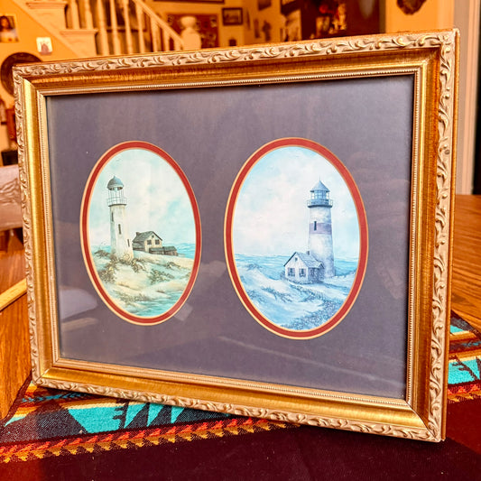 Vintage Coastal Lighthouse Themed Double Oval Painting Framed in Ornate Golden Frame