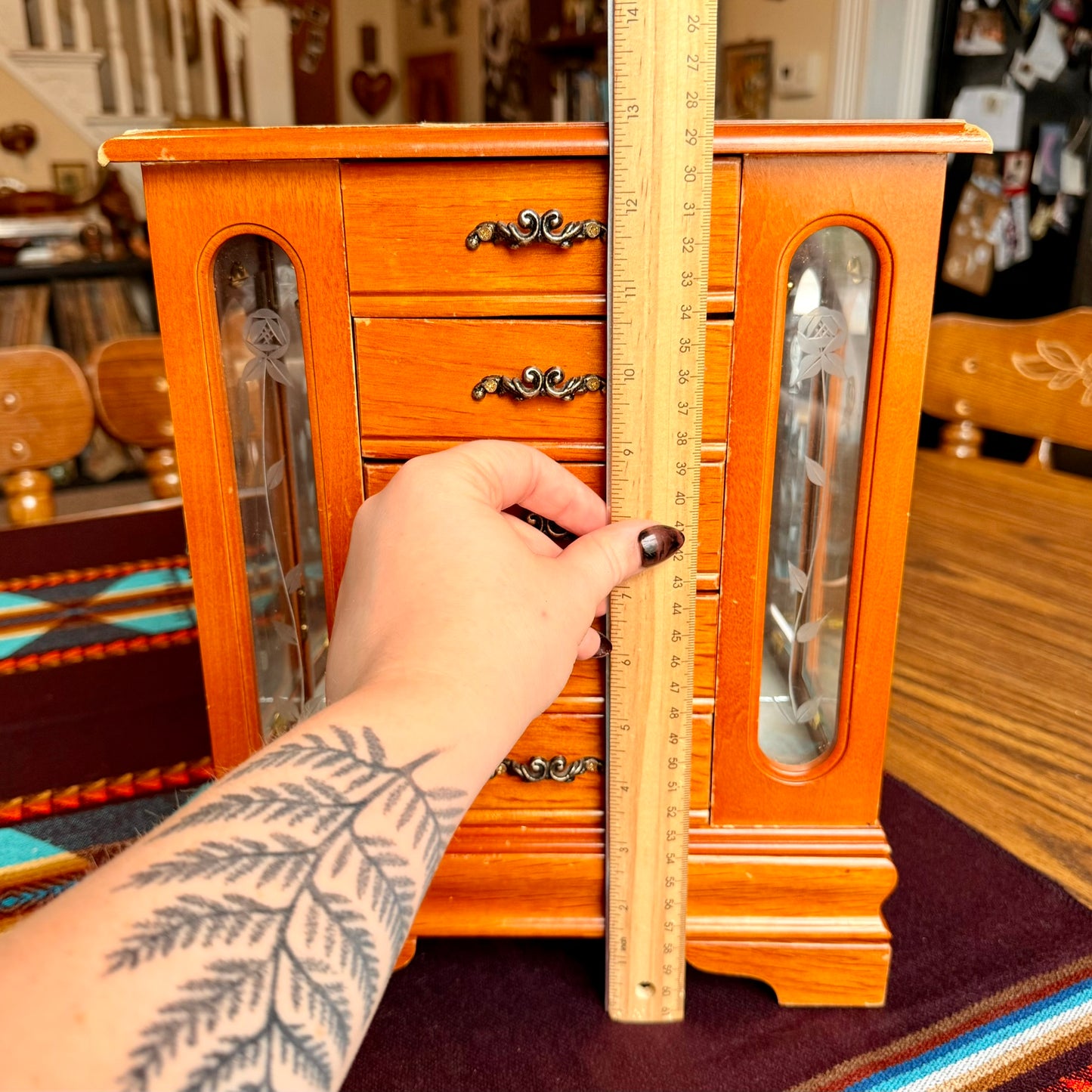 Large Vintage Solid Wood Etched Glass Armoire Style Jewelry Box