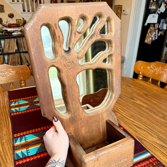 Handmade Vintage Mid-Century Modern Tree Carving Mirrored Wall Caddy