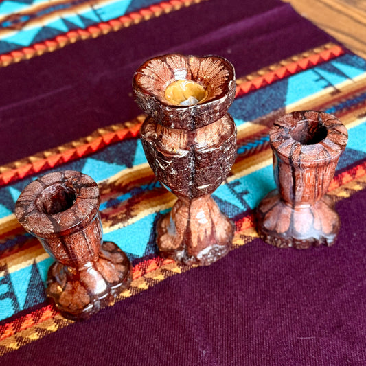 Set of 3 Vintage Hand-Carved Chrysanthemum Live Edge Wooden Candle Holders
