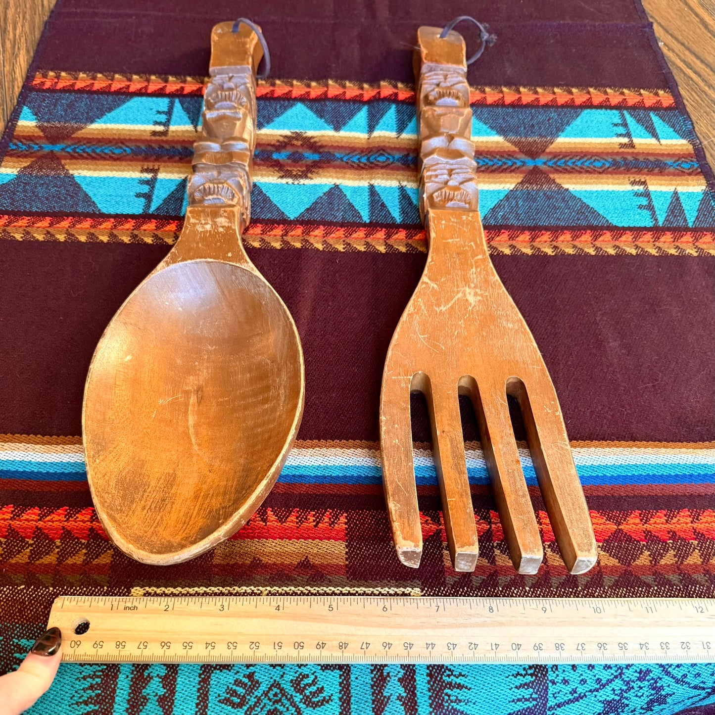 Vintage Large Wooden Hand Carved Wall Hanging Tiki Style Spoon & Fork