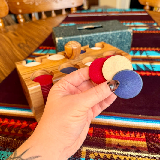 Vintage Mid-Century Modern Solid Wood Poker Chip Caddy with Wooden Chips & Cover