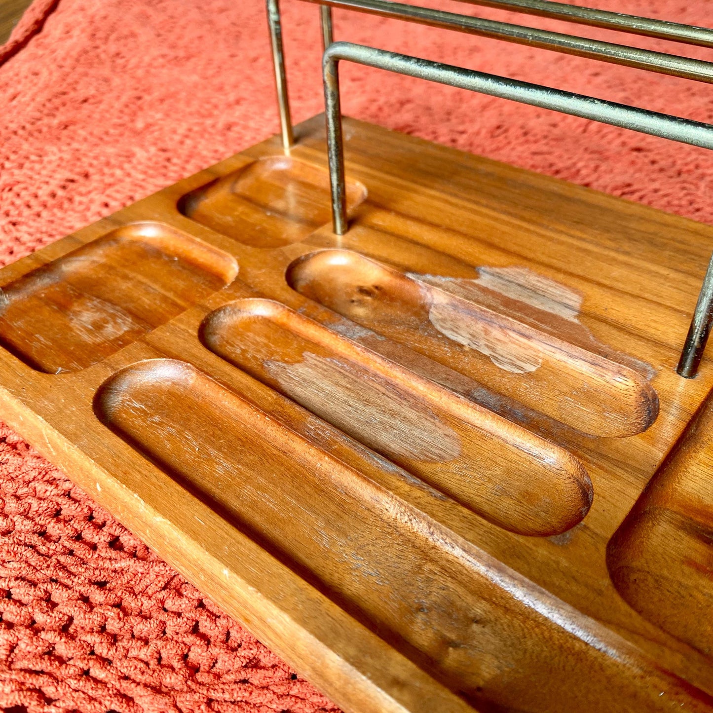 Vintage Dresser Valet Stand Organizer Tray Solid Oak and Brass with Felt Feet