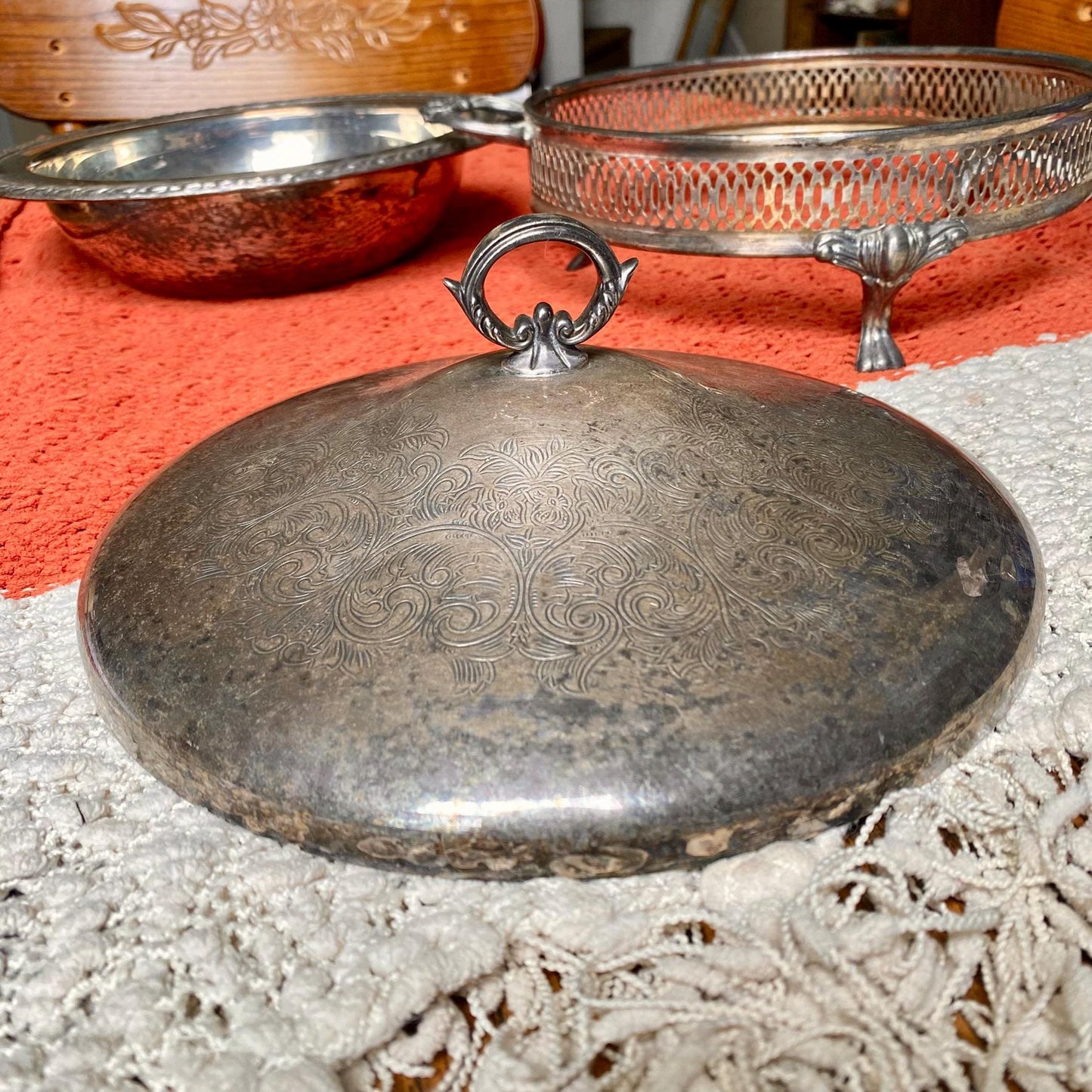 Mid-Century Footed Silver Plated Covered Chafing Dish Casserole Warmer