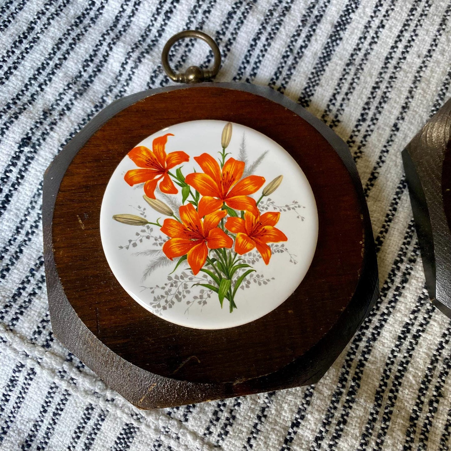 Vintage Floral Trivet Tiles on Wooden Base - Wall Hanging