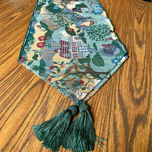 Vintage Cottagecore Farm Themed Tapestry Brocade Table Runner With Tassels