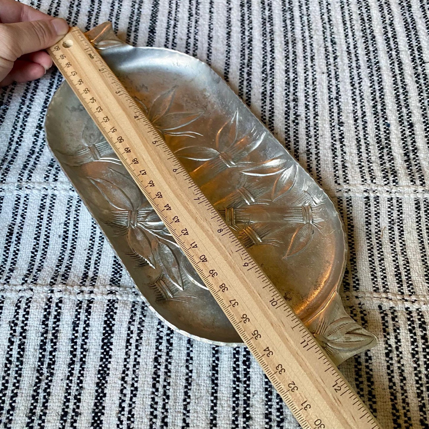 Vintage Bamboo Hand Forged Everlast Metal Aluminum Trinket Tray with Handles