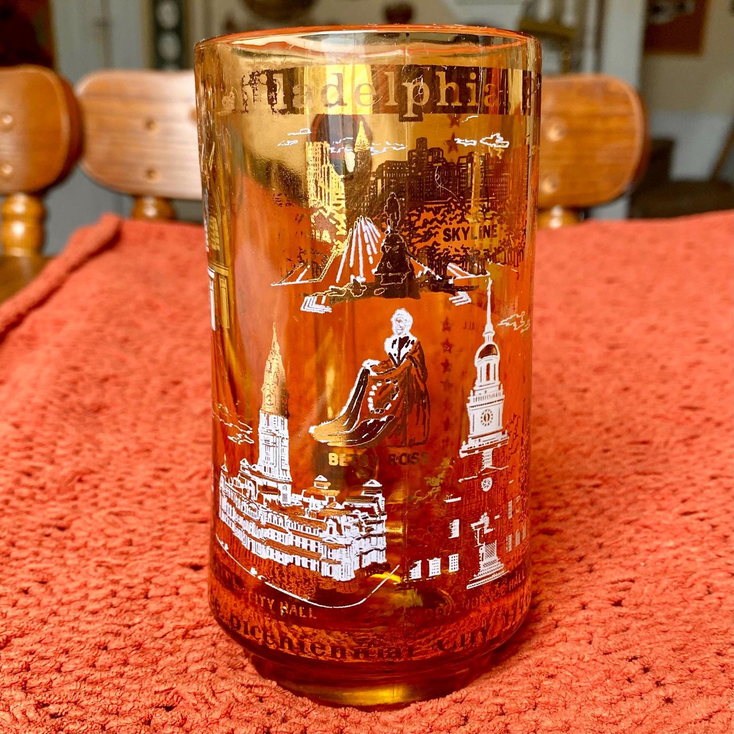 Vintage Philadelphia Commemorative Souvenir Amber Glass Beer Mug
