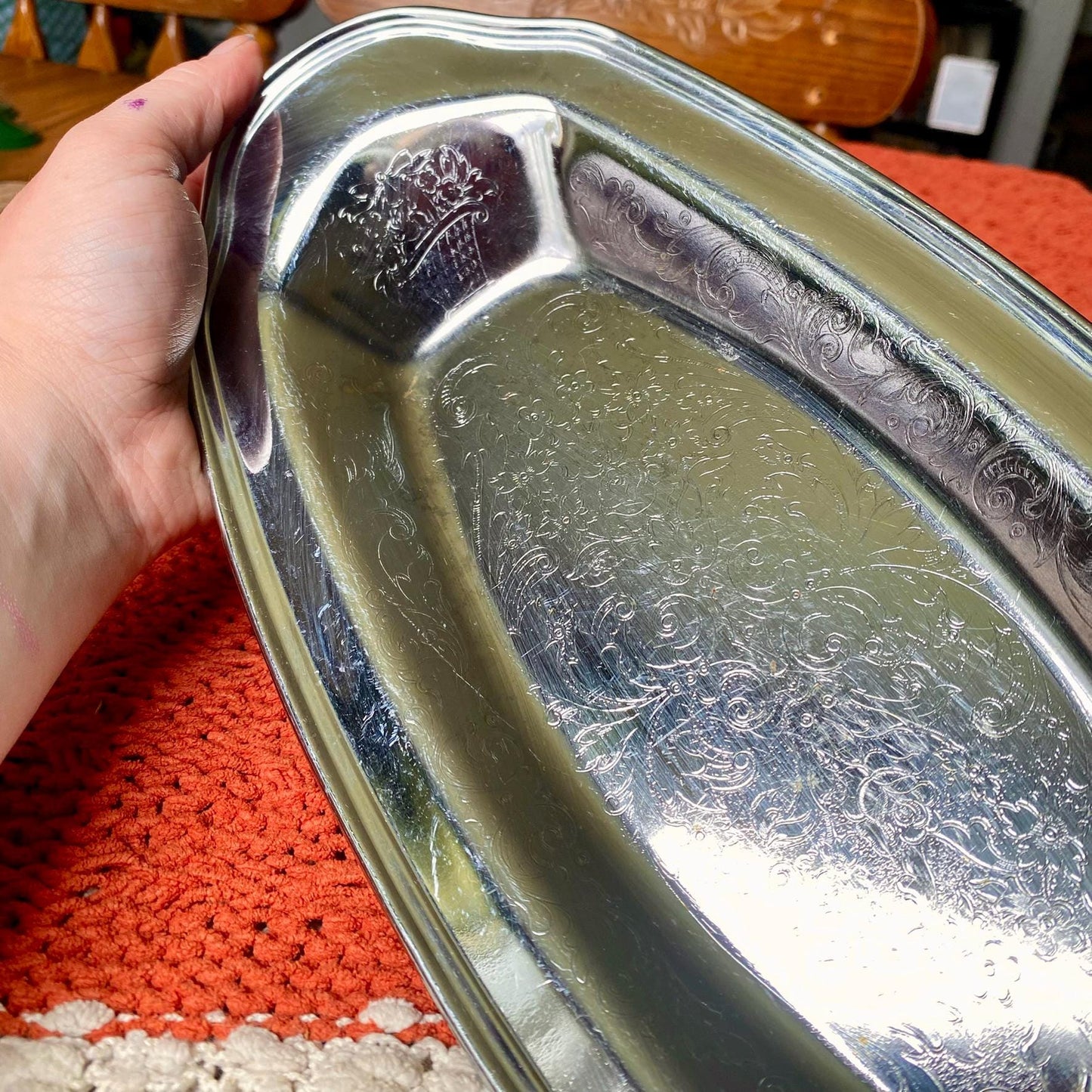 Vintage Irvinware Stainless Steel Chrome Etched Bread/Trinket Tray